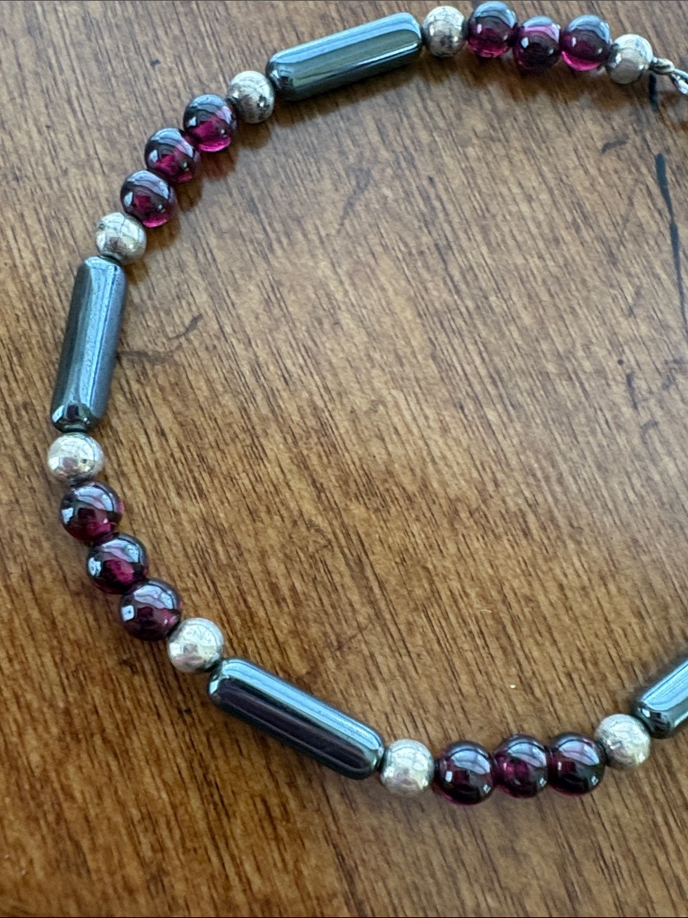 Sterling Silver 925 Hematite Garnet Beaded Bracelet Genuine Gemstone 7.25"